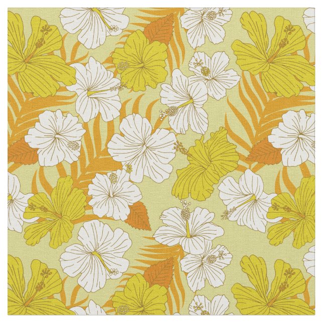 Tecido Flores Tropicais de Hibisco Amarelo e Laranja (Detalhe)