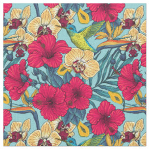 Tecido Flores Tropicais e Beija-flor - Botanica de Verão