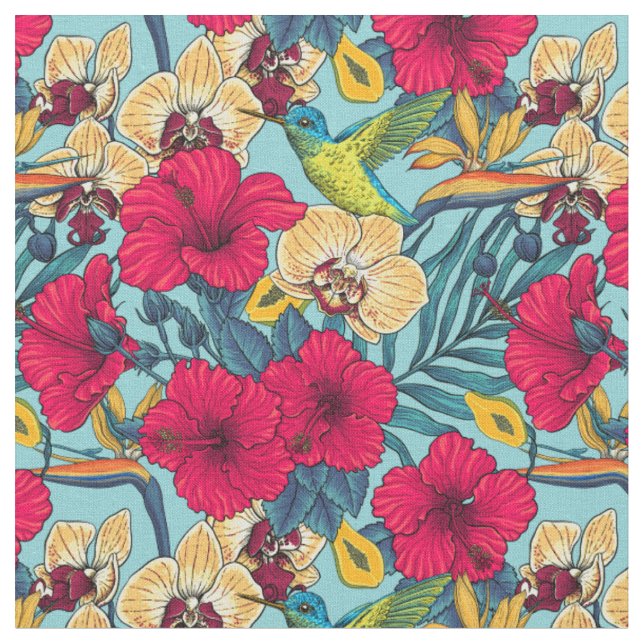Tecido Flores Tropicais e Beija-flor - Botanica de Verão (Detalhe)
