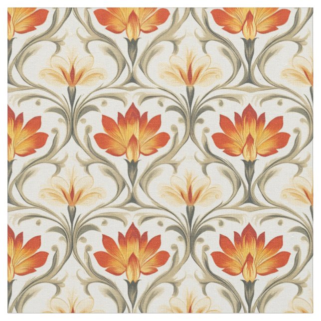 Tecido Flores Vermelhas / Amarelas / Ivory Art Nouveau (Detalhe)