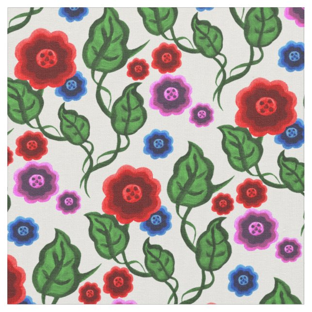 Tecido Flores vermelhas/azuis/rosa/folhas verdes/Folha (Detalhe)
