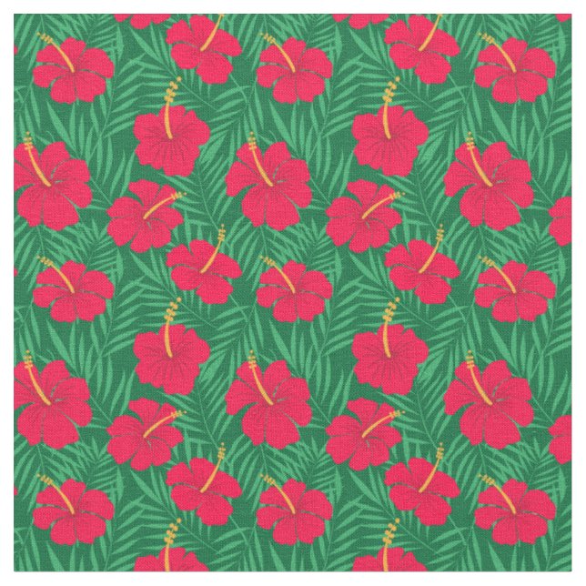 Tecido Flores Vermelhas de Hibisco em Padrão de Folhas Tr (Detalhe)