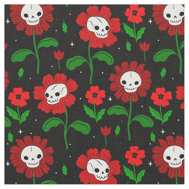 Tecido flores vermelhas do crânio floral de halloween (Detalhe)