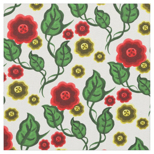 Tecido Flores vermelhas/douradas/folhas verdes/Floral fol (Detalhe)