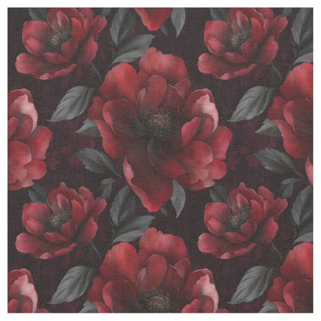 Tecido Flores Vermelhas Escuras em Preto (Detalhe)