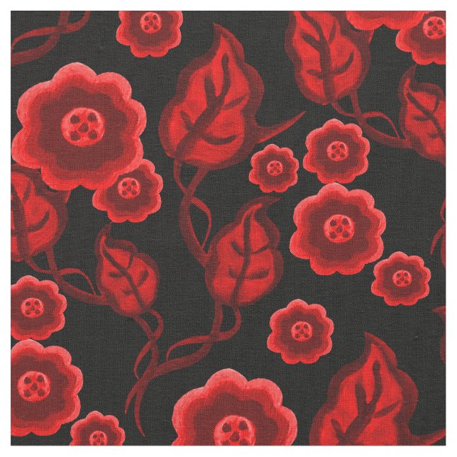 Tecido Flores vermelhas/folhas vermelhas/Folk art floral  (Detalhe)