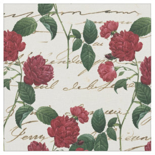 Tecido Flores Vermelhas Vintage e Escrevendo Cursivo sobr