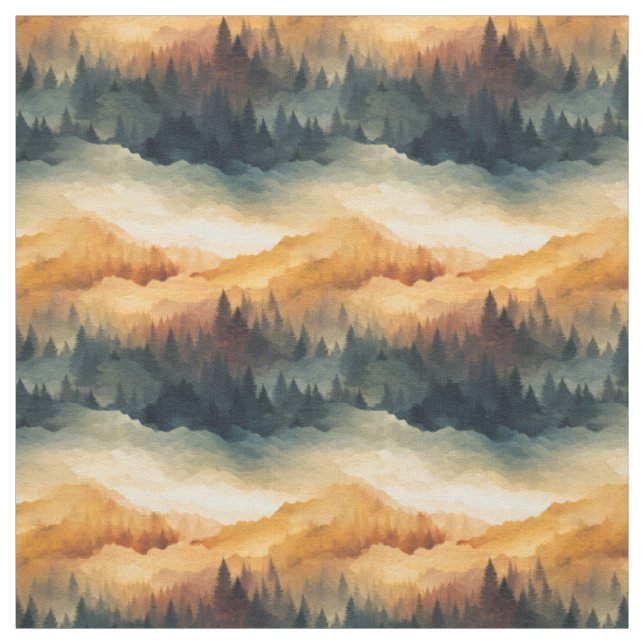 Tecido Floresta e Montanhas de Cores Aquáticas de Queda (Modelo)