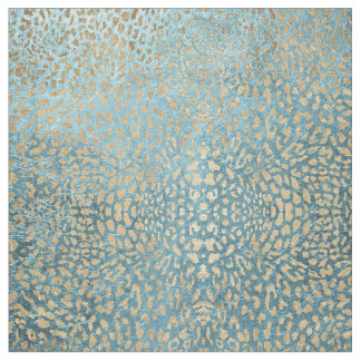 Tecido Folha Dourado no leopardo azul