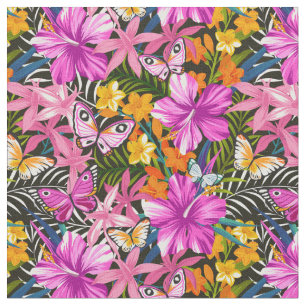 Tecido Folhas e flores tropicais