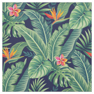 Tecido Folhas e flores tropicais de banana monstera