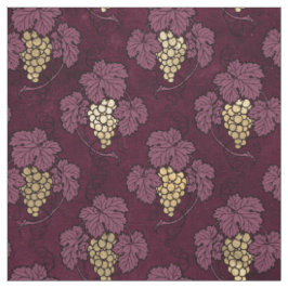 Tecido Folhas e Uvas Douradas de Abstrato em Cor de Vinho