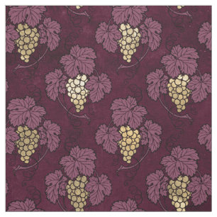 Tecido Folhas e Uvas Douradas de Abstrato em Cor de Vinho