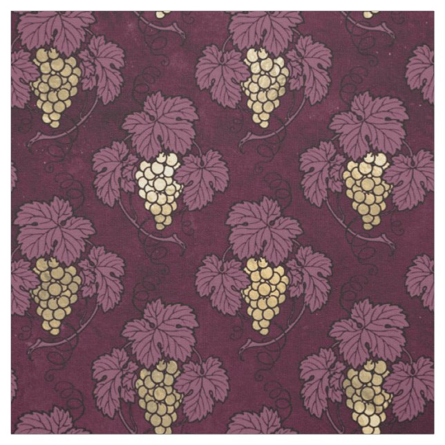 Tecido Folhas e Uvas Douradas de Abstrato em Cor de Vinho (Modelo)