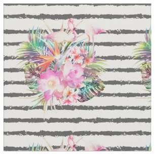Tecido folhas florais tropicais e listras flamingos