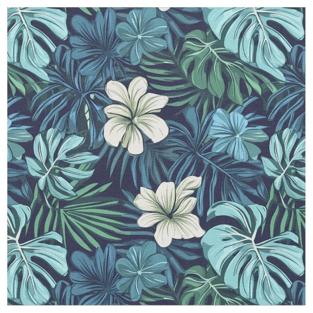Tecido Folhas tropicais e flores verdes azuis (Detalhe)