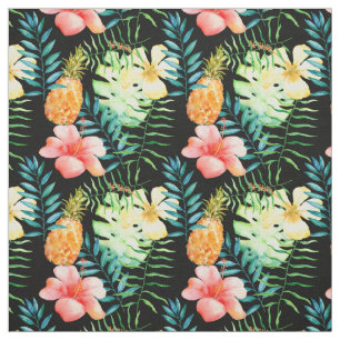 Tecido Folhas Tropicais Hibiscus Floral Watercolor