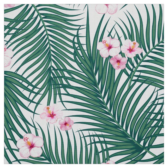 Tecido Folhas Tropicais Verdes com Flores de Hibiscus (Modelo)