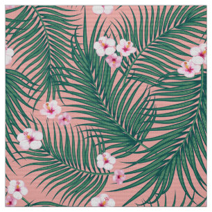 Tecido Folhas Tropicais Verdes com Flores de Hibiscus