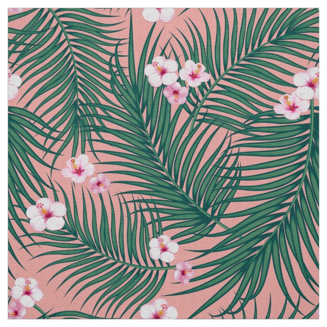 Tecido Folhas Tropicais Verdes com Flores de Hibiscus (Modelo)