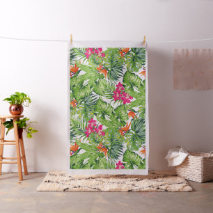 Tecido Folhas Verdes Tropicais e Floral Rosa