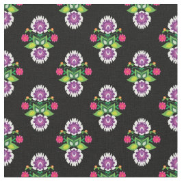 Tecido Folk Flowers - composição em losango - preto