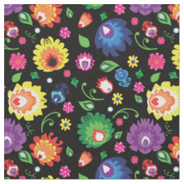 Tecido Folk Flowers - prado de flores em preto