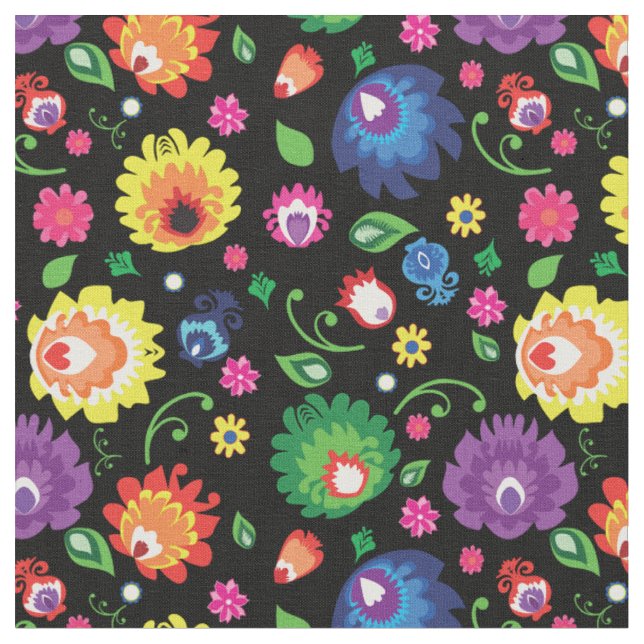Tecido Folk Flowers - prado de flores em preto (Detalhe)