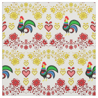 Tecido Folk Rooster/Cockerel gold/red floral, corações/4"
