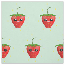 Tecido Fruta de morango vermelho kawaii em azul