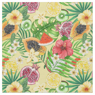 Tecido Frutas tropicais, flores e folhas em amarelo