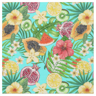 Tecido Frutas tropicais, flores e folhas em azul