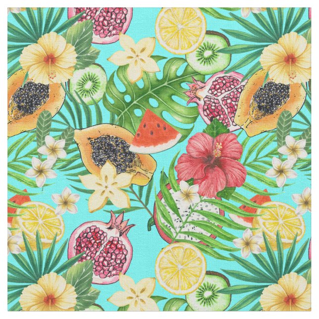 Tecido Frutas tropicais, flores e folhas em azul (Detalhe)