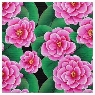 Tecido Fuchsia Pink Camellias e Jade Green Folhas
