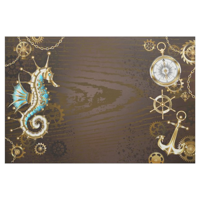 Tecido Fundo de madeira com cavalo de mar mecânico (Jarda)