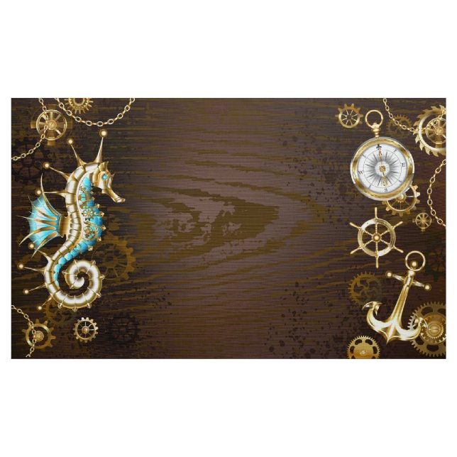Tecido Fundo de madeira com cavalo de mar mecânico (Jarda)