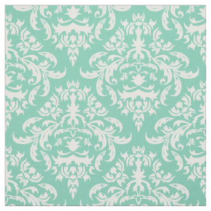Tecido Fundo floral branco da hortelã do Damasco-Costume