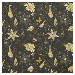 Tecido Fundo floral ouro preto branco