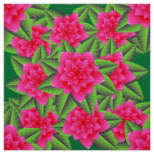Tecido Fuschia Pink Camellias e Folhas Verde