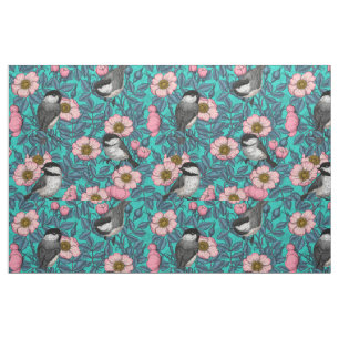 Tecido Galinhas em rosa selvagem, rosa e azul