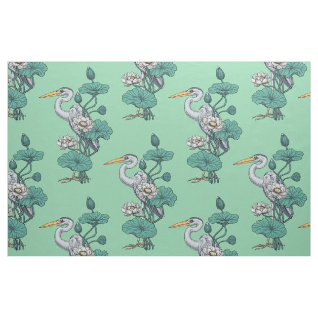 Tecido Garça no Jardim do Lótus Branco sobre jade (Fat Quarter)