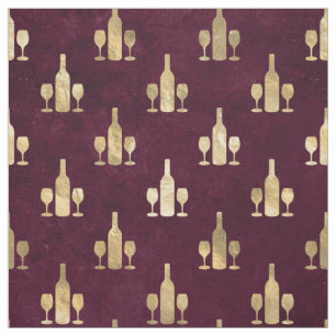 Tecido Garrafas de vinho Dourado metálico e óculos em M