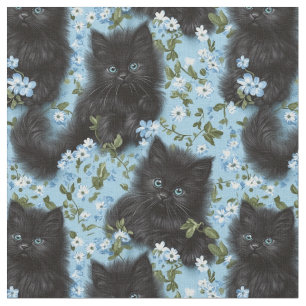 Tecido Gatinhos Pretos Fluffy e Flores Padrão Invisível