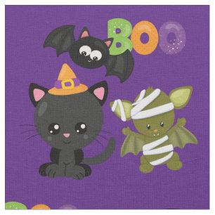 Tecido Gato de Halloween, Bat e Mummy Boo