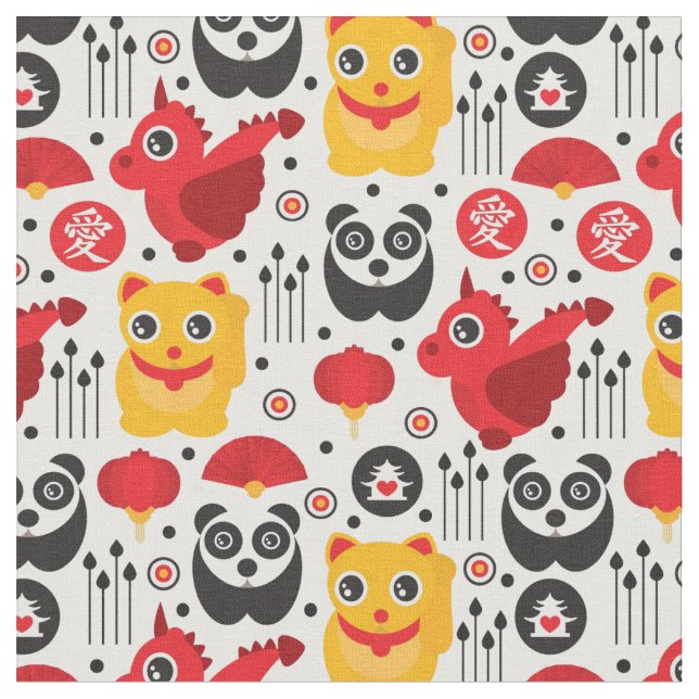 Tecido Gato, dragão, e panda afortunados de China (Detalhe)