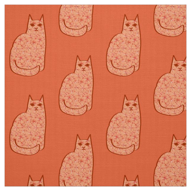 Tecido Gato Moderno de Meados do Século, Coral Laranja e  (Modelo)