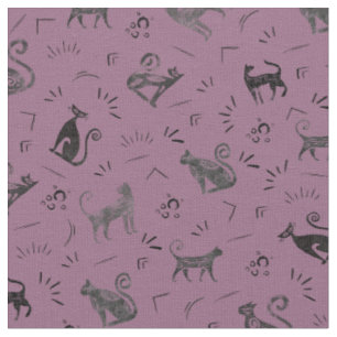 Tecido Gatos de Arte Rupestre em Magenta Cinza