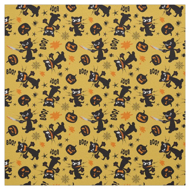 Tecido Gatos de Dia das Bruxas Pretos Grumpy e Pumpkins S (Modelo)
