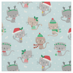 Tecido Gatos de Natal bonitos em azul claro