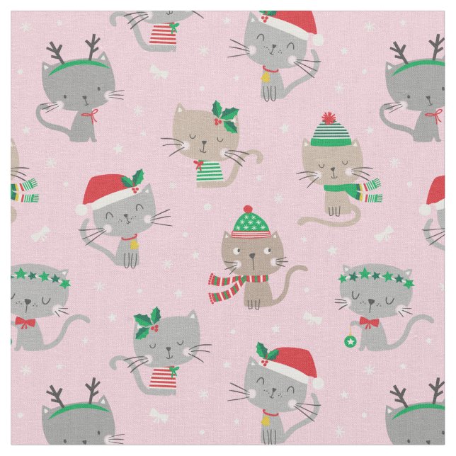 Tecido Gatos de Natal bonitos em rosas claro (Detalhe)